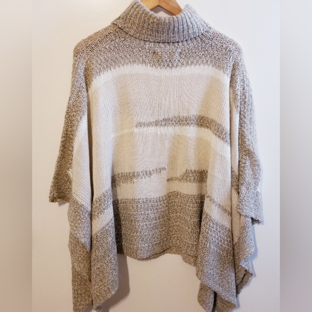 Midnight Velvet Beige White Turtleneck Waffle Knit Shawl Poncho Wrap One Size - Picture 4 of 8